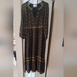 ba&sh Beautiful Black&Gold floral Print  Viscose Prarie Style Dress SzS Like New